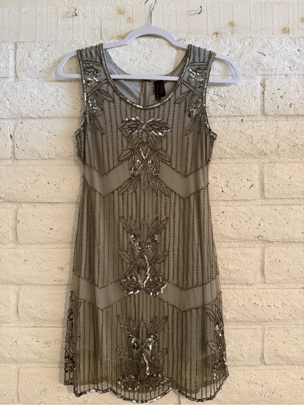 Lulu's Beaded Sleeveless Mini Dress in Taupe